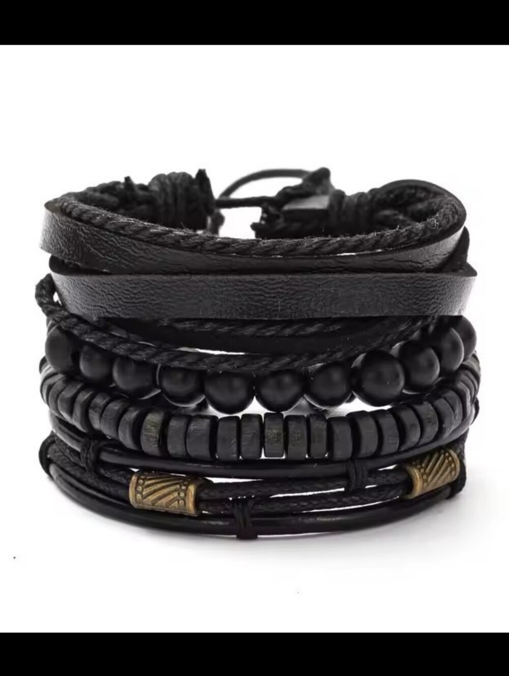 Men's Black Layered Leather & Bead Bracelet Stack Jewelry G14